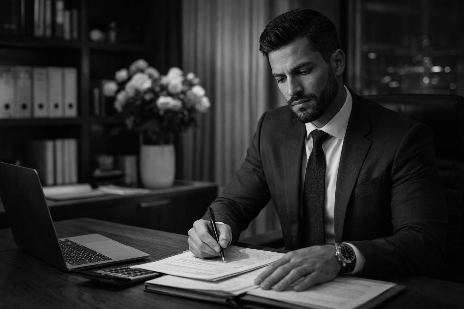 Professionnel examinant des documents contractuels, scène d’illustration