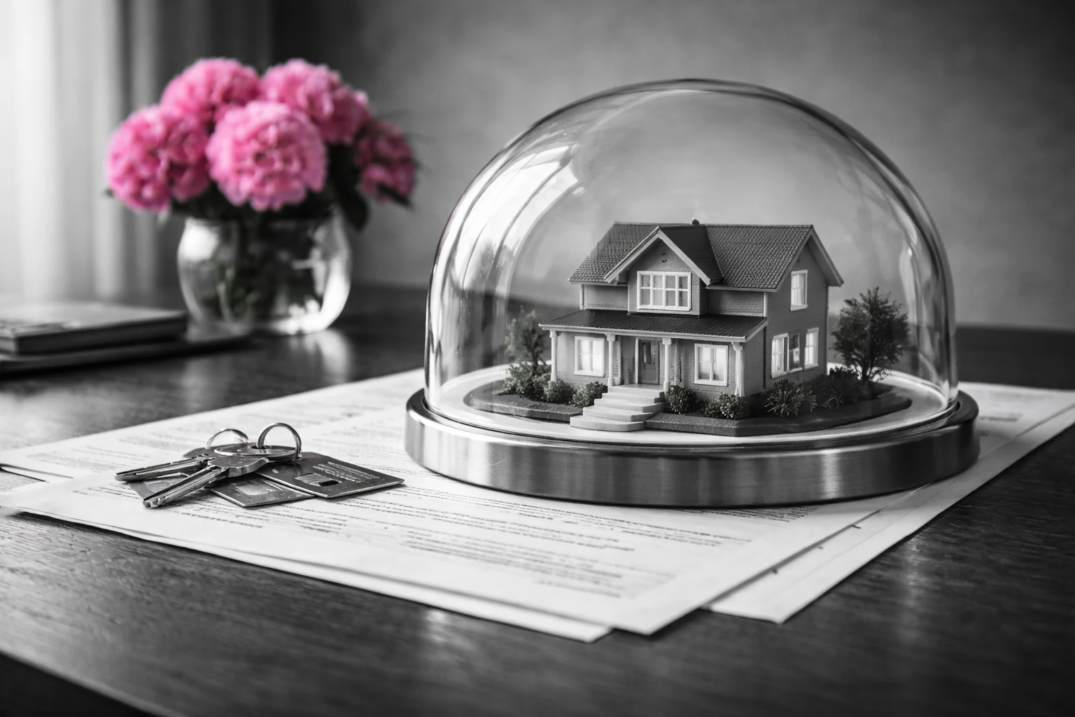 Maison miniature protégée par une cloche en verre