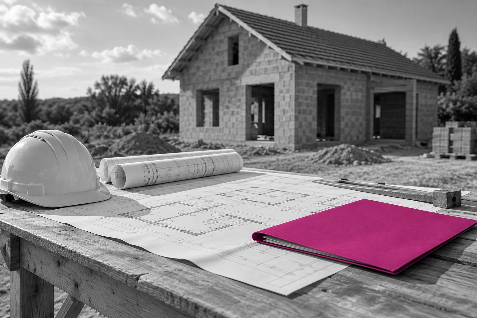 Plans et maison en construction, illustration d’un projet de construction