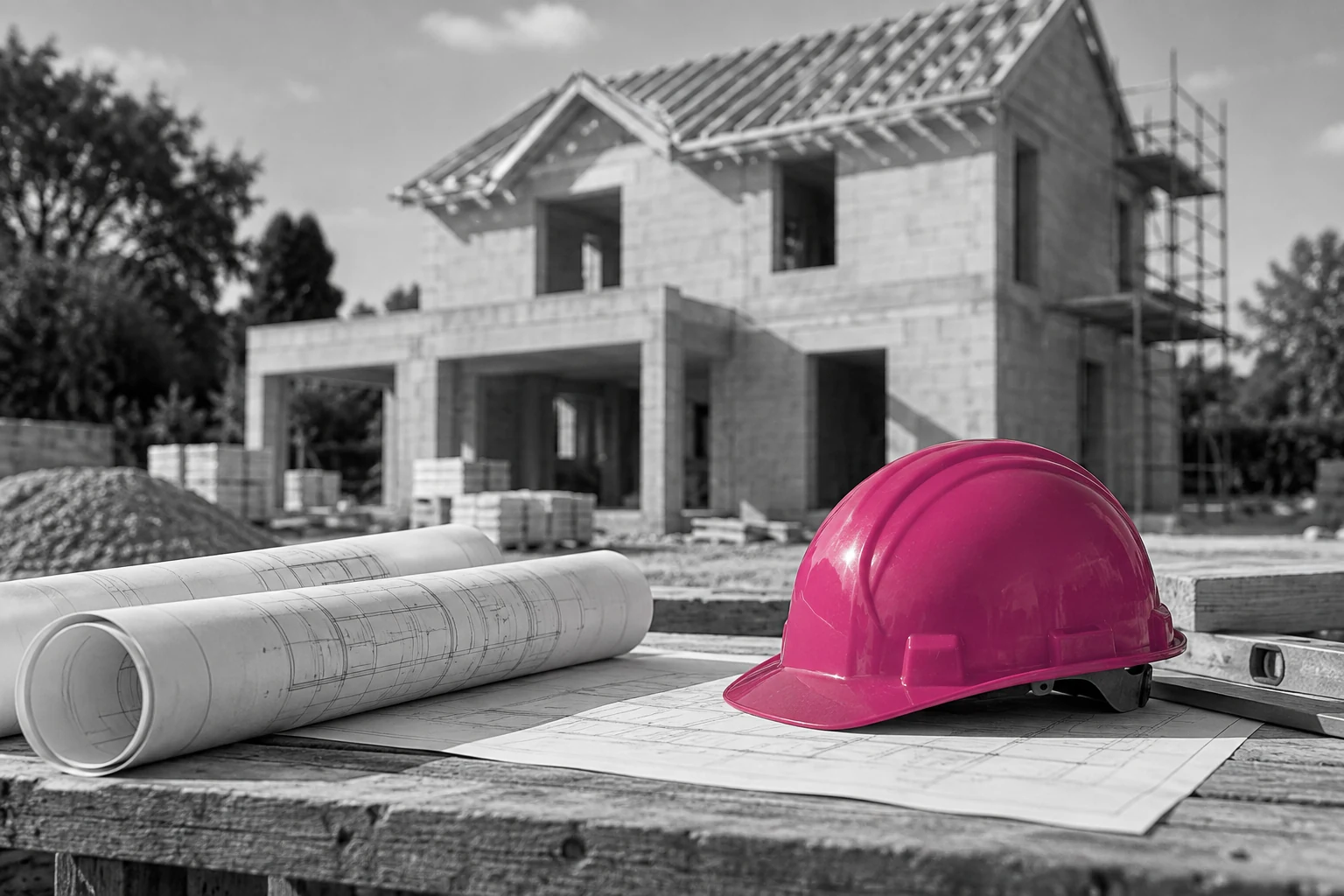 Plans et casque près d’une maison en construction