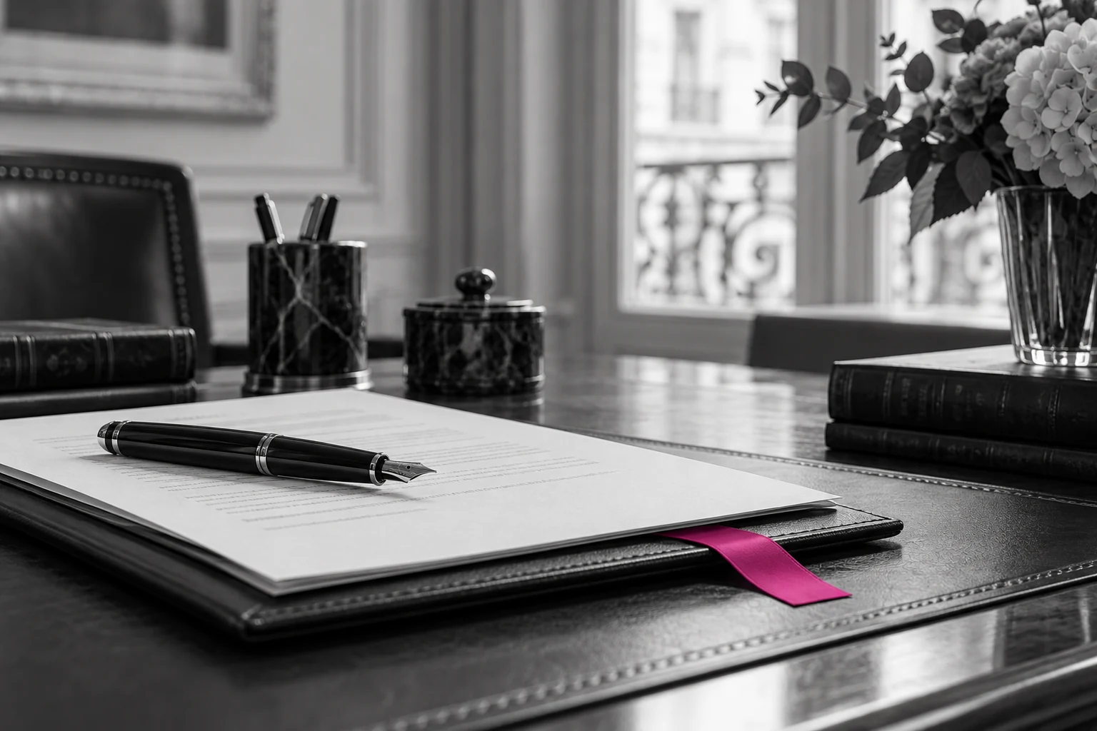 Contrat et stylo sur un bureau notarial, illustration