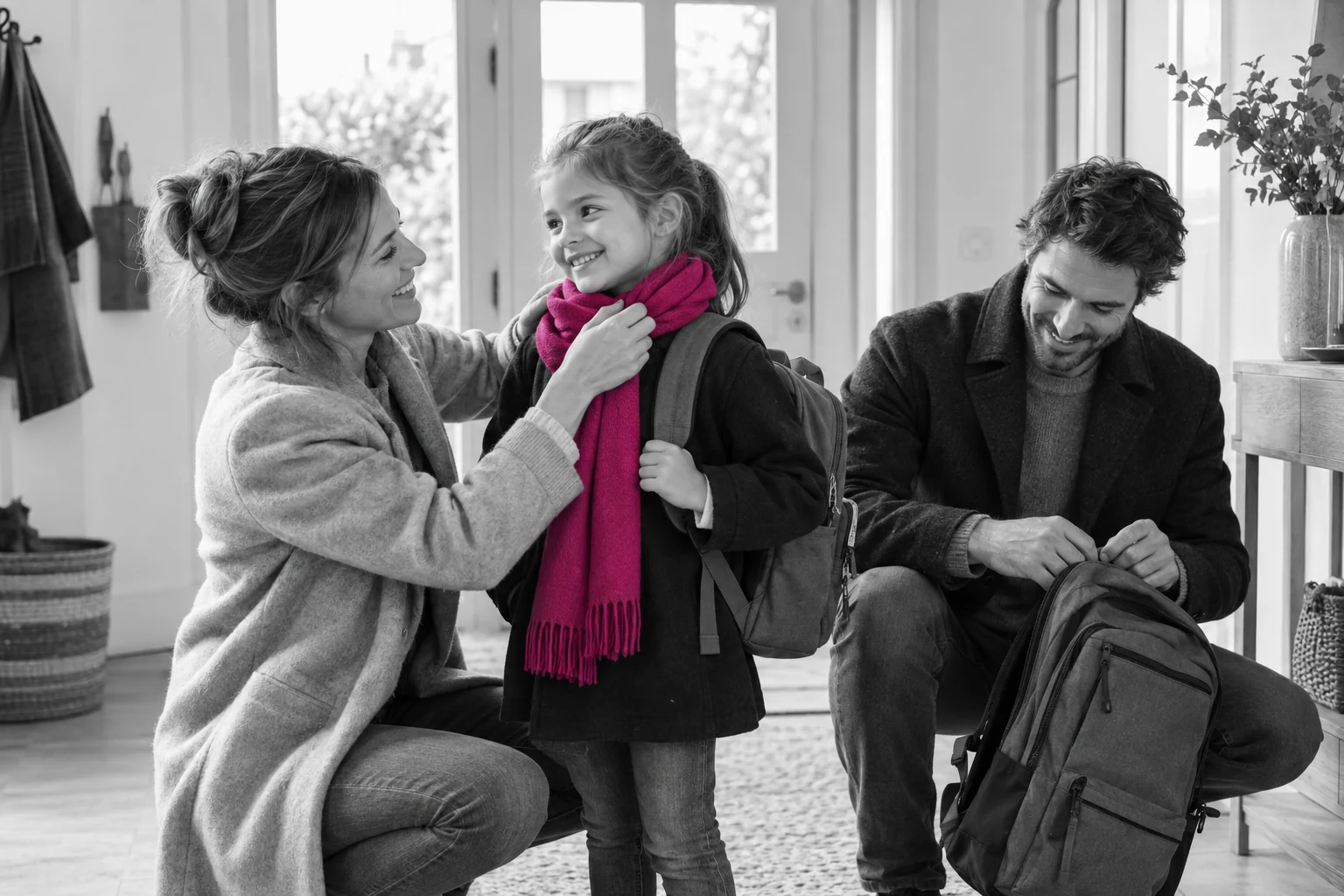 Famille préparant une sortie à la maison, avec une écharpe fuchsia