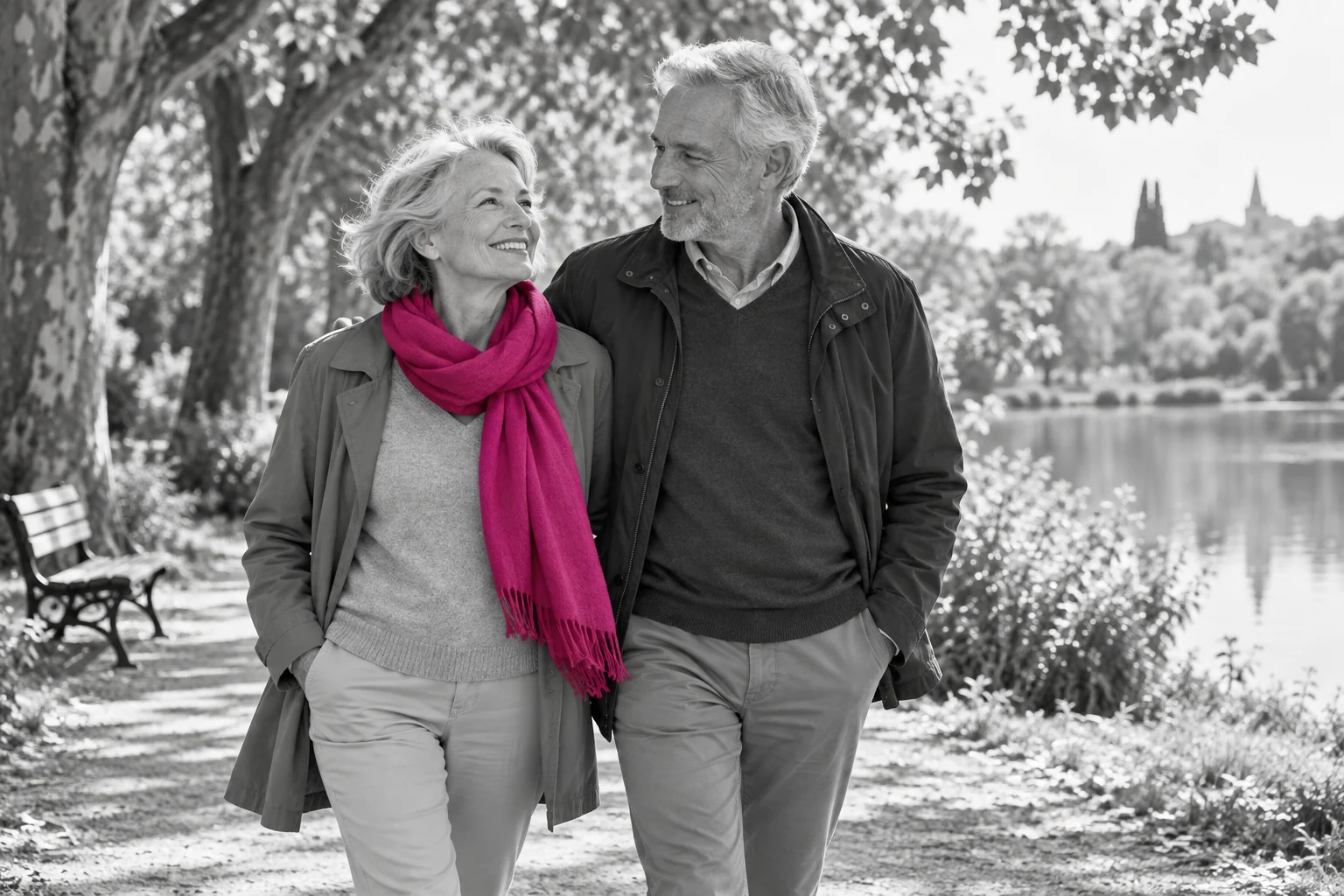 Couple de retraités marchant dans un parc, écharpe fuchsia