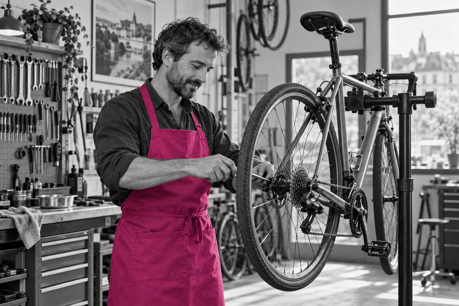 Artisan réparateur de vélos dans son atelier, tablier fuchsia