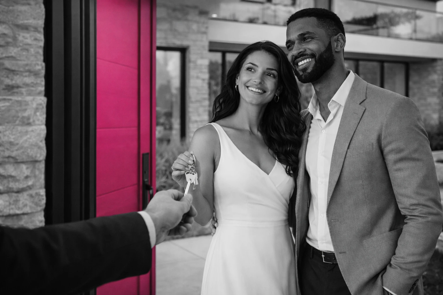 Couple devant une maison, scène d’illustration