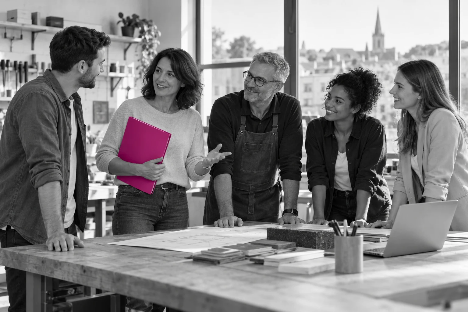 Équipe de salariés réunie autour d’un établi avec un dossier fuchsia