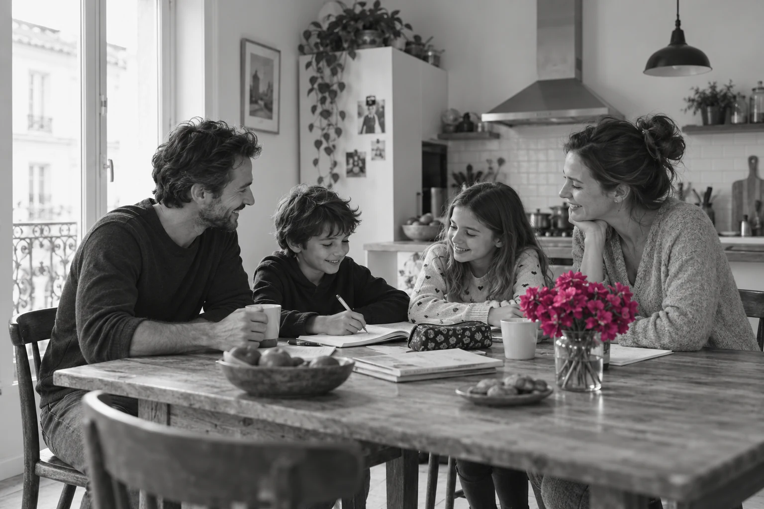 Parents et enfants réunis autour d’une table, fleurs fuchsia au premier plan