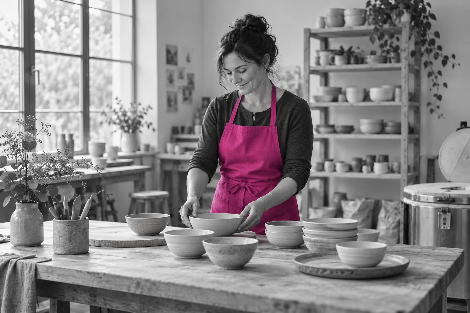 Artisane céramiste portant un tablier fuchsia dans son atelier