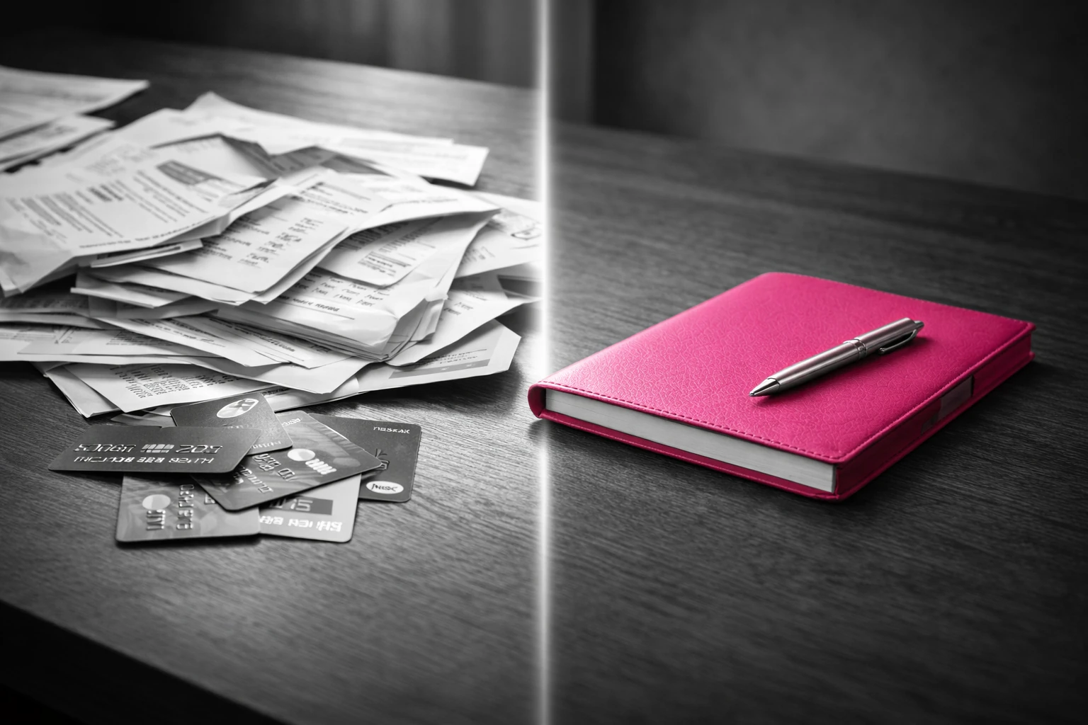 Documents dispersés et dossier fuchsia organisé