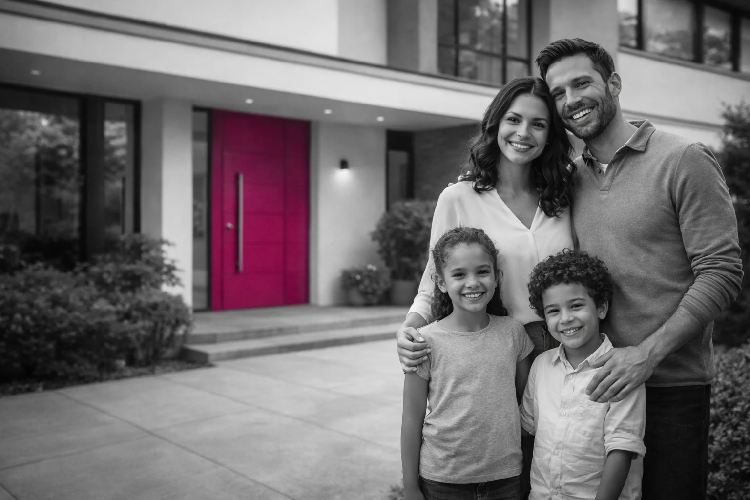 Famille devant son logement, scène d’illustration