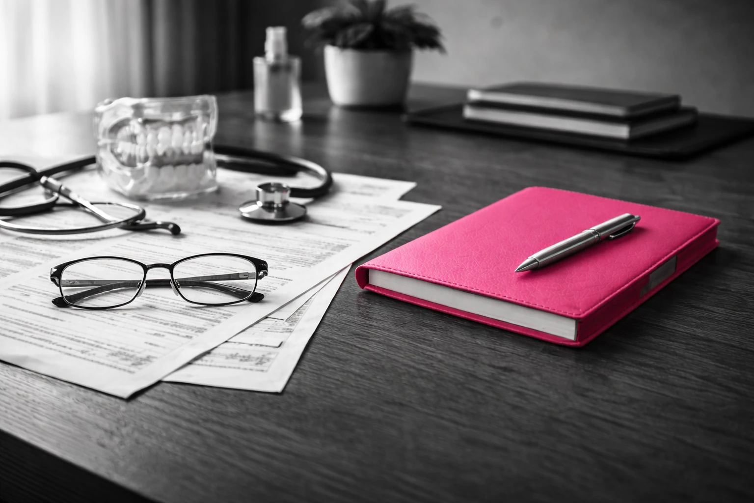 Documents, lunettes et stéthoscope pour étudier une couverture santé